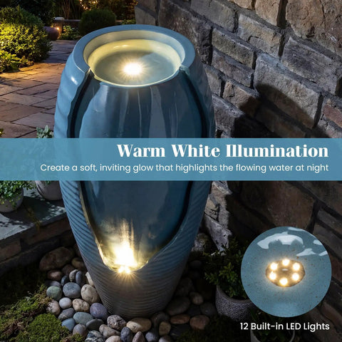 32 Inch Outdoor Jar Water Fountain With LED Lights, Vintage Blue Cracked Jar Design, shown on a patio with illuminated water flow.