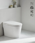 Hassle Free Tankless Smart Toilet Heated Seat Auto Flush Lid in a modern bathroom with an elongated, skirted design.