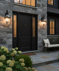 Newbury 23 Inch Outdoor Wall Lantern, 3 Light Mystic Black With Clear Beveled Glass on stone house entrance