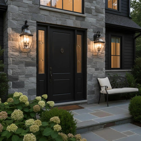 Newbury 23 Inch Outdoor Wall Lantern, 3 Light Mystic Black With Clear Beveled Glass on stone house entrance
