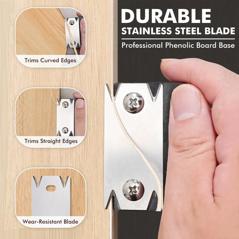 Edge Banding Trimmer Upgrade Mini Cutter in use, showcasing durable stainless steel blade trimming curved and straight edges.