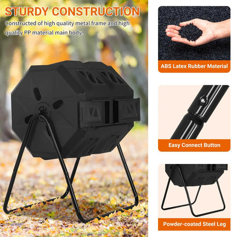 Dual Chamber Compost Bin With 43 Gallon Capacity Rotating Tumbler For Fast Easy Composting Sliding Doors For Grab And Go Convenience