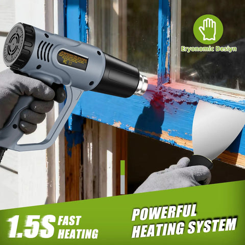 Person using Powerful Heat Gun With 10 Foot Cord For DIY Projects, Dual Temperature 572 And 1112 F, Overload Protection, Includes 4 Nozzles And Paint Scraper, Great For Paint Stripping, Shrink Wrapping, Crafting And Vinyl Wrap on window frame