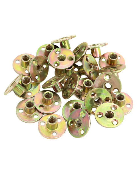 Top Shelf 3/8 16 Round Base T Nuts 25 Piece Set Heavy Duty Carbon Steel Flange Inserts for Furniture Crafting and Woodworking Builds Tough Nickel Coating Quick Install and Rock Solid Hold. Close-up of 25 nickel-coated T nuts on a white background.