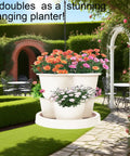 Hanging beige 5-Tier Vertical Garden Tower Stackable Planter for Strawberries, Flowers, Vegetables And Herbs, outdoor garden setting
