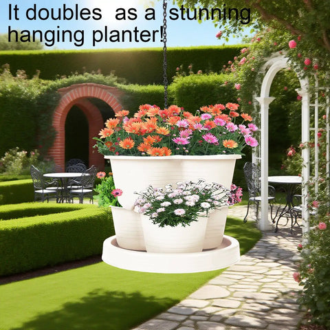 Hanging beige 5-Tier Vertical Garden Tower Stackable Planter for Strawberries, Flowers, Vegetables And Herbs, outdoor garden setting