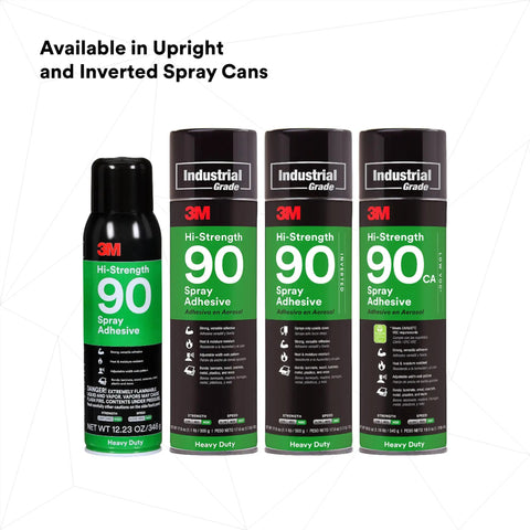 High Strength Spray Adhesive Glue Clear Fast Dry Formula 19 Oz Aerosol Can for Wood Metal Plastic and Fabric in upright and inverted options.