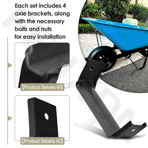 4 Pack Heavy Duty Black Steel Wheelbarrow Axle Bracket Set Replacement Accessories For Gardening, shown with blue wheelbarrow
