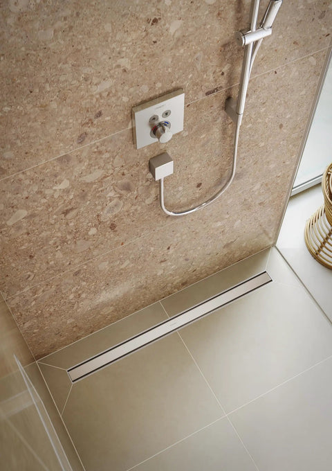 Professional Grade Rectangular Linear Shower Drain With Adjustable Height Frame And Brushed Stainless Steel Cover Tileable Bathroom Floor Grate For Zero Fuss 39 Inch Rough Install, view showing flush integration with tile.