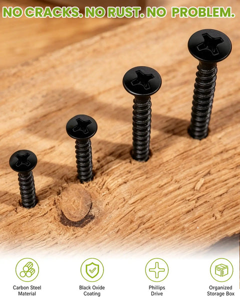 130pc Black Wood Screws Set With Long Phillips Flat Head Screws Carbon Steel Four Size Screw Kit 0.75 Inch 1.25 Inch 1.50 Inch 2 Inch Driver Included Built For DIY Woodworking Cabinets And Furniture Projects. Black wood screws in wood, carbon steel, Phillips drive