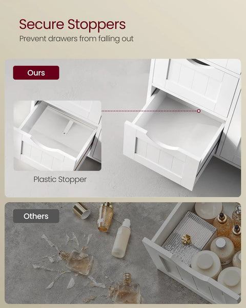 No Fuss Freestanding Storage Cabinet With Drawers And Door showing secure plastic drawer stop feature