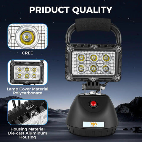 Front view of LED Work Light 18W 2400LM Magnetic Flood Light with aluminum body and portable handle for workshop use