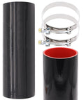 4 Inch ID 4-Ply Straight Silicone Hose Coupler 12 Inch Long 5mm Thickness With 2 Stainless Steel T Clamps in black and red.