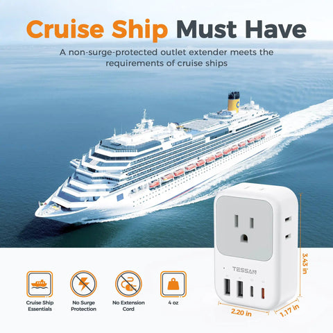 Cruise ship with Ultra Compact USB C Charger Block 20W PD Fast Charge Adapter in foreground, showing foldable plug feature.