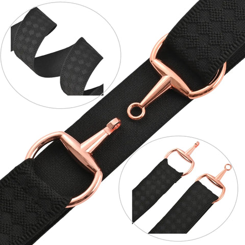 Close-up of black 1.5 Inch Equestrian Elastic Belt with snaffle bit buckle and surcingle clasps for horseback riding