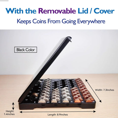 Coin Sort Tray With Lid For All US Coins Accurate Counter And Dispenser Easy Change Sorter And Coin Organizer in black with open lid