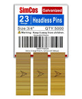 23 Gauge Headless Pin Nails 3/4 Inch 5000 Pack Galvanized Steel Brad Nails with label showing size and quantity.