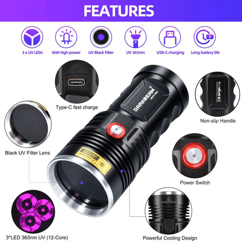 Feature overview of 365nm UV Flashlight Black Light Rechargeable Pro Grade 36W High Power Woods Lamp Ultraviolet