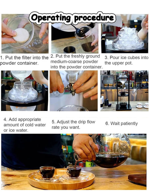 Operating procedure for Chill Out Daily With This Sleek Cold Brew Drip Tower Ice Coffee Maker steps using glass and ice.