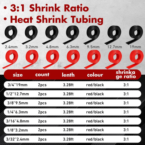 Heat Shrink Tubing Kit With 46.2 Feet Red And Black Dual Color 3 To 1 Adhesive Lined Shrinkable Wire Wrap Size Chart