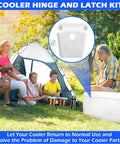 Family camping with white cooler, overlay shows Beefy Cooler Hinge And Latch Kit With Screws, Heavy Duty Ice Chest Replacement Parts.