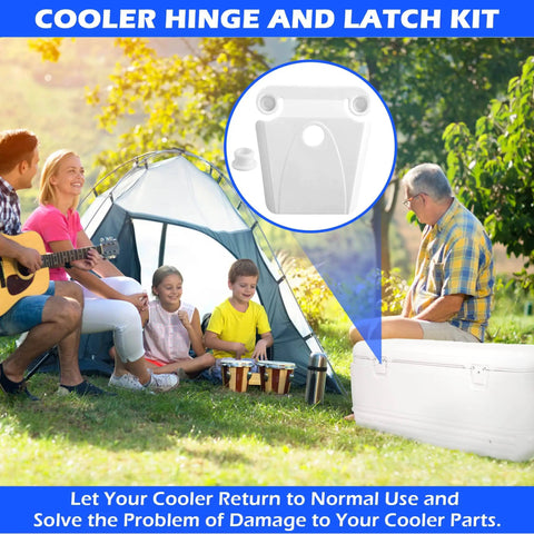 Family camping with white cooler, overlay shows Beefy Cooler Hinge And Latch Kit With Screws, Heavy Duty Ice Chest Replacement Parts.