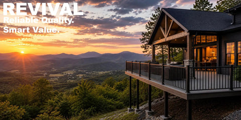 Badass Deck Railing Kit For Your Backyard, built for 8 to 12 foot spans, showcased at sunset on a hillside deck.