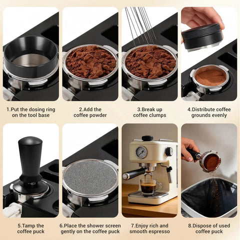 Game Changer 51 Mm Espresso Accessory Bundle user step guide showing tools like dosing ring, tamper, and espresso machine.