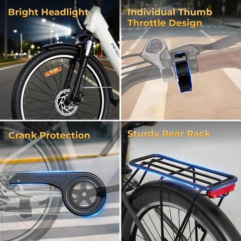Adult Electric Bike For Daily City Hops, 26 Inch Step-Through Ebike With 350W Brushless Motor, 750W Peak Power, Top Speed Up To 20 MPH, 30-50 Mile Range, Removable Waterproof Battery, Smooth And Easy Ride, front wheel and rear rack detail