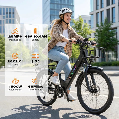 Badass Electric Bike For Adults With 750W Peak Motor Crushing Hills At 20 Mph, 26 Inch Fat Tire Ebike shown in urban setting, rider smiling.