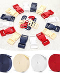 1 Inch White Polyester Webbing Strap Kit With 10 Yards, Six Dual Adjustable Side Release Buckles, Twelve Tri Glide Clips visible.