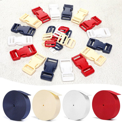 1 Inch White Polyester Webbing Strap Kit With 10 Yards, Six Dual Adjustable Side Release Buckles, Twelve Tri Glide Clips visible.