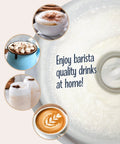 32 Oz Milk Frother And Hot Chocolate Maker With Cocoa Bomb Mold, featuring lattes, cappuccinos, and iced drinks made at home.