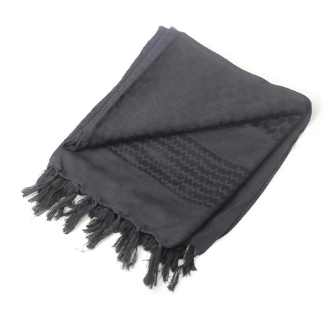 Folded 100% cotton black scarf featuring fringes, Desert Tactical Shemagh Scarf For Everyday Outdoor Gear, 43x43 inches, breathable and quick dry.