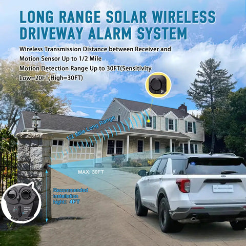 House with driveway showing Half Mile Solar Wireless Driveway Alarm System and IP65 Weatherproof Outdoor Motion Detectors installed