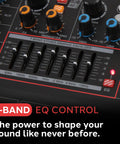 Close-up of EQ controls on 12 Channel Console Style DJ Mixer with Bluetooth and USB Interface, featuring a 7 band EQ.