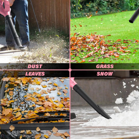 Cordless 20V leaf blower in pink used for clearing dust, grass, leaves, and snow, featuring turbo mode, dual speed adjustment, copper motor.