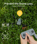 Dope 4K UHD Drone With Camera For Adults And Kids 12MP CMOS Sensor shown landing on grass, held remote with icons to prevent loss.