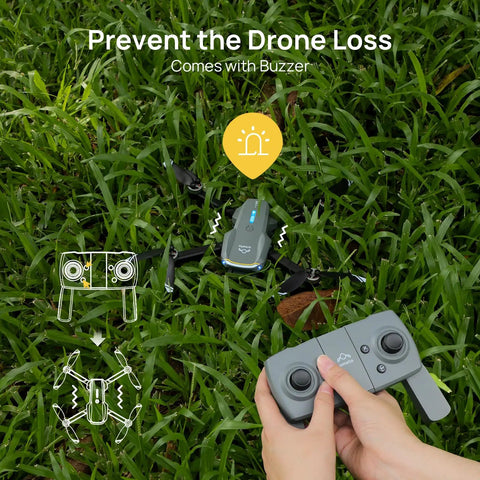 Dope 4K UHD Drone With Camera For Adults And Kids 12MP CMOS Sensor shown landing on grass, held remote with icons to prevent loss.