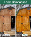 Real Deal Pure Tung Oil Wood Finish 34 Ounce Bottle effect comparison on wooden shed before and after application.
