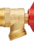 Quartermaster Brass Boiler Drain with Quarter Turn Valve, 125 PSI, shown from side, highlighting red handle and brass material, NSF 61-9 compliant.