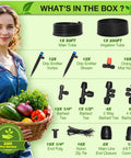 Drip Irrigation System Kit 250 Feet Quick Connect Garden Misting Watering System with tubes, emitters, and nozzles displayed.