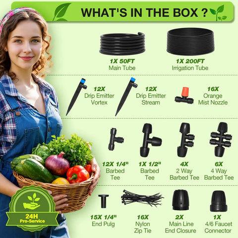 Drip Irrigation System Kit 250 Feet Quick Connect Garden Misting Watering System with tubes, emitters, and nozzles displayed.