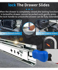 Drawer slides locking mechanism demonstration, showing locked and unlocked states for Rock Solid Heavy Duty Drawer Slides With Slide Lock.