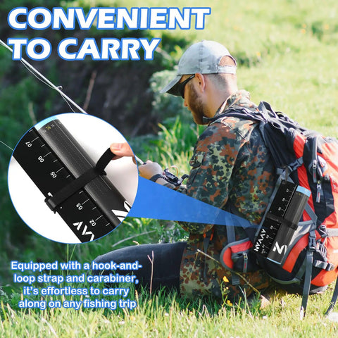 Fisherman carrying 53 Inch Fish Ruler With One Quarter Inch Increments, waterproof fishing tape and bump board on backpack.