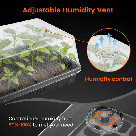 Three Pack Seed Starter Trays With Five Inch Humidity Domes, 144 Cells Total, adjustable vent for inner humidity control