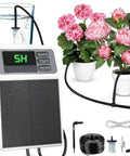 Sun Powered Drip Irrigation System With Auto Watering Kit And Timer, USB Rechargeable shown with watering tubes and planters