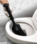 High Flow Toilet Plunger For 1.6 Gallon Low Flush Toilets With Funnel Nose Design 90 Degree Seal in use on toilet bowl