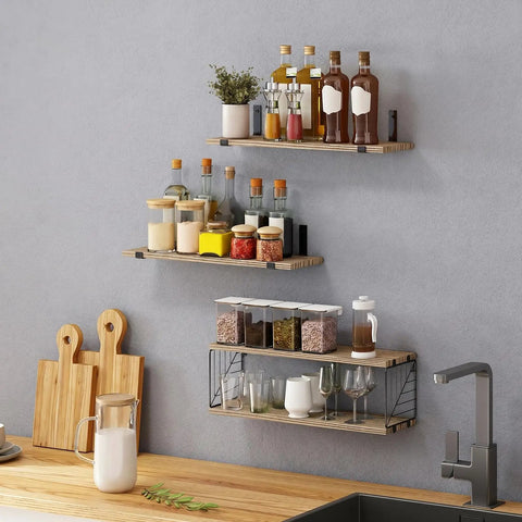 Wall Mounted Bathroom Over Toilet Storage Shelf Three Tier Light Brown Floating Rack Offers Sweet Side Storage For Toilet Paper And Toiletries Huge Win For Compact Restrooms filled with bottles and jars.