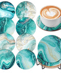 Diamond Art Coaster Set With Holder For DIY Craft Lovers, 8 teal marble coasters with cork pads displayed beside cup and holder